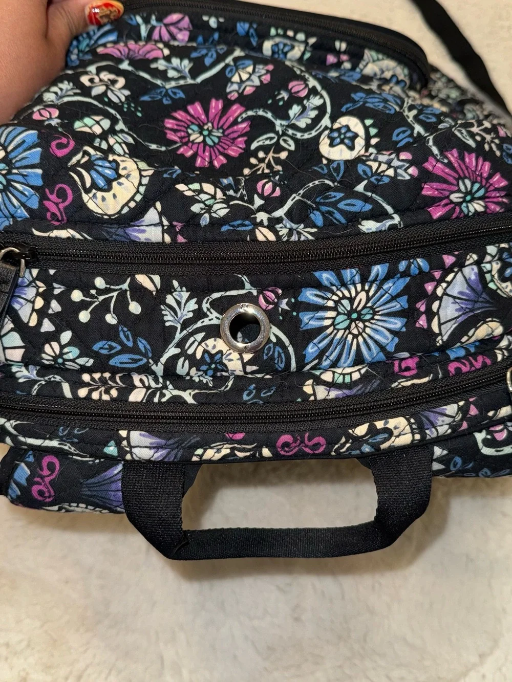 Vera Bradley Black Floral Quilted Backpack with Blue & Purple Accents